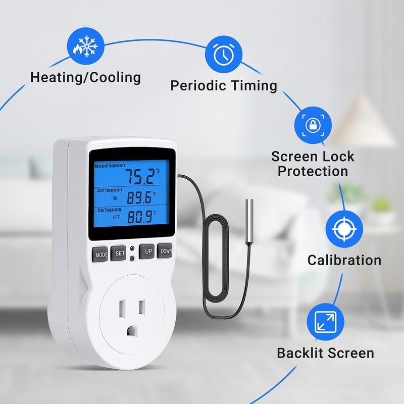 INKBIRDPLUS Plug in Thermostat Temperature Controlled Outlet Digital Thermostat Outlet Heating Cooling Control Timer 1800W 110V 15A Backlit Display (TC/Timer) - Image 2